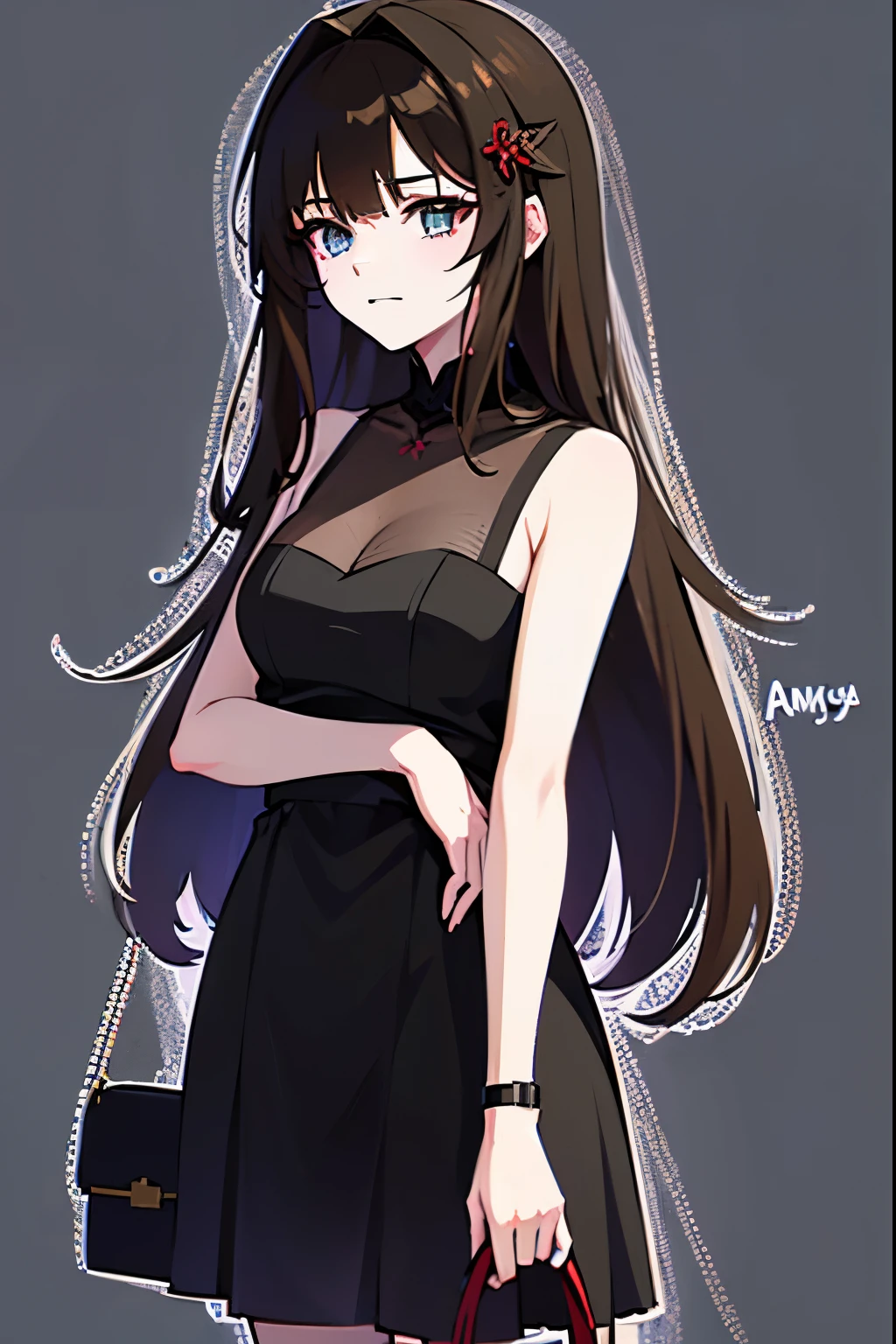 Anime girl in a black dress with a black bag,  anime girl in a black dress , De Girls Frontline, Made with Anime Painter Studio, Rin Tohsaka, Girls Frontline style , Fine details. girls frontline, Chica anime linda con un vestido bonito,  anime moe art style , April representation,   anime style , Anya de Spy X Family