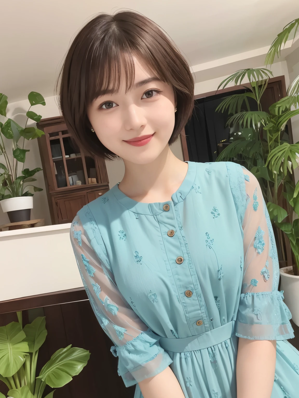 339 (20-year-old female, short hair), ( high image quality), (smile), ( Colorful Dress), ((Arietti's View of the World )), (BIG PLANTS ), (Dollhouse)