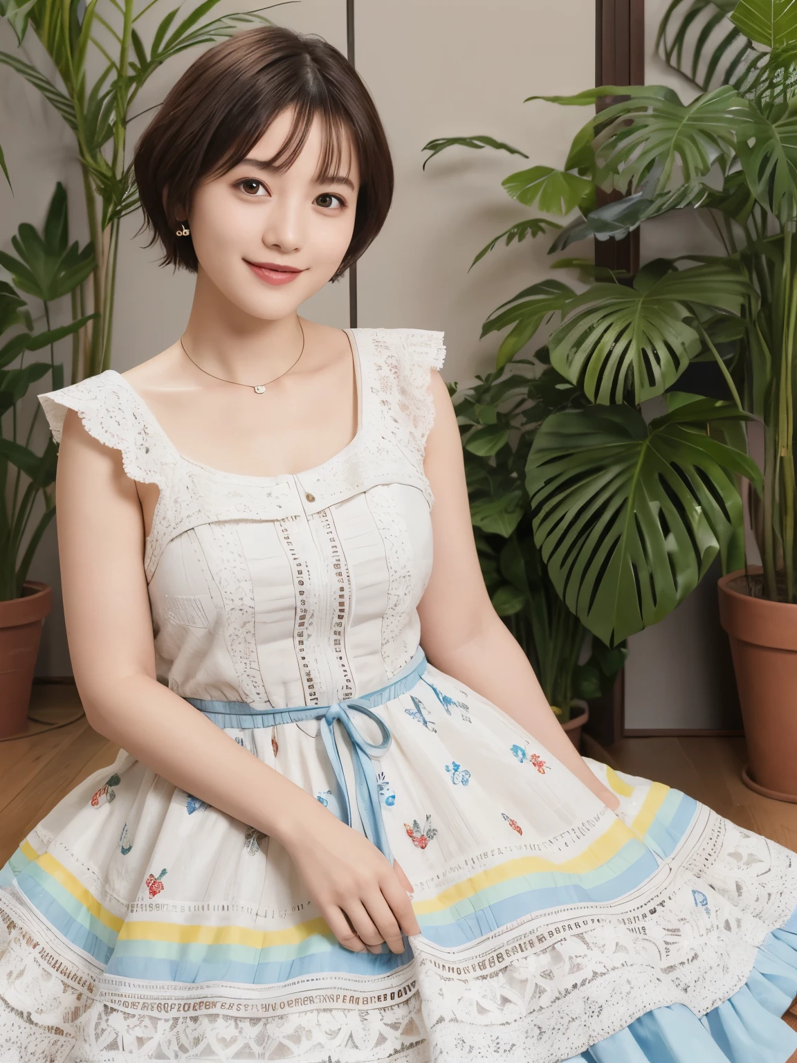 339 (20-year-old female, short hair), ( high image quality), (smile), ( Colorful Dress), ((Arietti's View of the World )), (BIG PLANTS ), (Dollhouse)