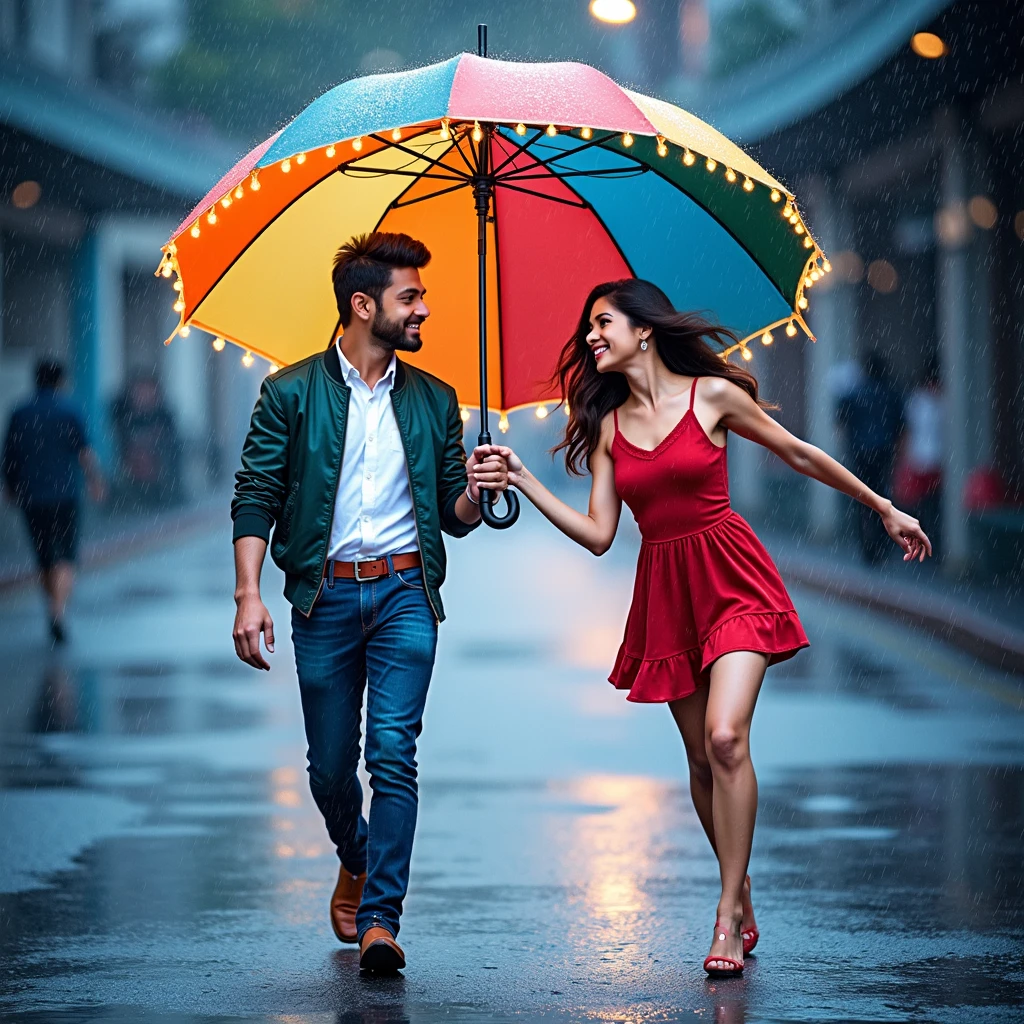 Design a mid-shot of a romantic Bollywood movie scene featuring a young couple standing close under a large, vibrant, multi-colored umbrella with glowing golden sparkles at the edges. The young handsome dashing boy with clean shaved, wearing a bomber korean jacket, white shirtand beggy fit jeans, gently holds the umbrella and looks at the woman with a intense and confident look. The woman, wearing a red sleeveless dress with flowing hair, playfully smiles and looks at the man, holding onto his hand or arm. like she is snatching umbrella. Raindrops fall around them but do not touch them under the magical umbrella. The background shows a softly blurred, rain-soaked urban street with reflections of streetlights and silhouettes of pedestrians, creating a dreamy atmosphere. The lighting is cinematic, blending cool rainy tones with the warm, magical glow of the umbrella, emphasizing the girl joyful and romantic mood