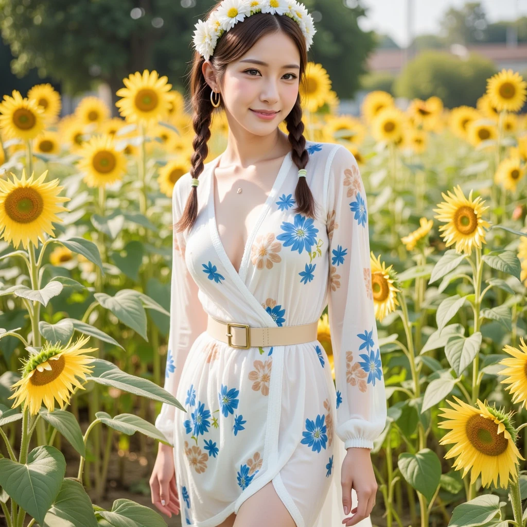 woman wearing a modern A model poses confidently, she smiled sweetly., She wore a white headband decorated with flowers.,wearing a stylish wrap dress adorned with a blue and beige floral pattern. The dress features long sleeves and a cinched waist, secured with a beige belt. and cream high heels., She has striking makeup and large hoop earrings, with her hair styled in neat braids. The background is a sunflower garden, neutral tone that complements the outfit. walks through a dense field of wildflowers. A sheer white dress that flows and reveals some of her breasts. Light pink cheeks that make her cheeks stand out. A thin layer of glossy lipstick on her full lips. Perfect blue eyes with light eyeliner. Her hair is tied back. The image of beauty. The sunlight shining from behind creates a silhouette style photo. Full body.