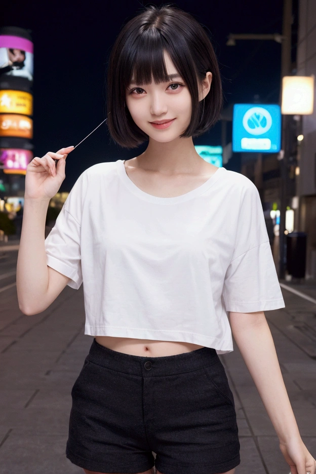 masterpiece, best quality:1.1), (8k, raw photo, photo realistic:1.2, f22), (shiny skin), detailed skin,long hair,detailed face, detailed eyes,smile,BREAK, real world, intricate details, smil, BREAK, 1girl, full body,(black,short sleeves,polka dot pattern,denim,short pants)BREAK, (city:1.4)