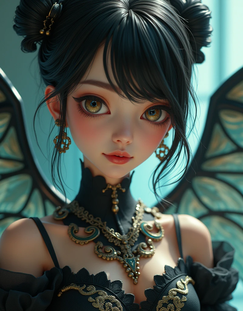 (High resolution), (Ultra delicate), (clear), Realistic,((A girl with black hair and gold inner color)).((cyber punk)),face,Skin realism、A fusion of Japanese style and the near future、white hot pants、Black pupil、creepy appearance, Unique atmosphere、A man surrounded by a multitude of insects、grotesque