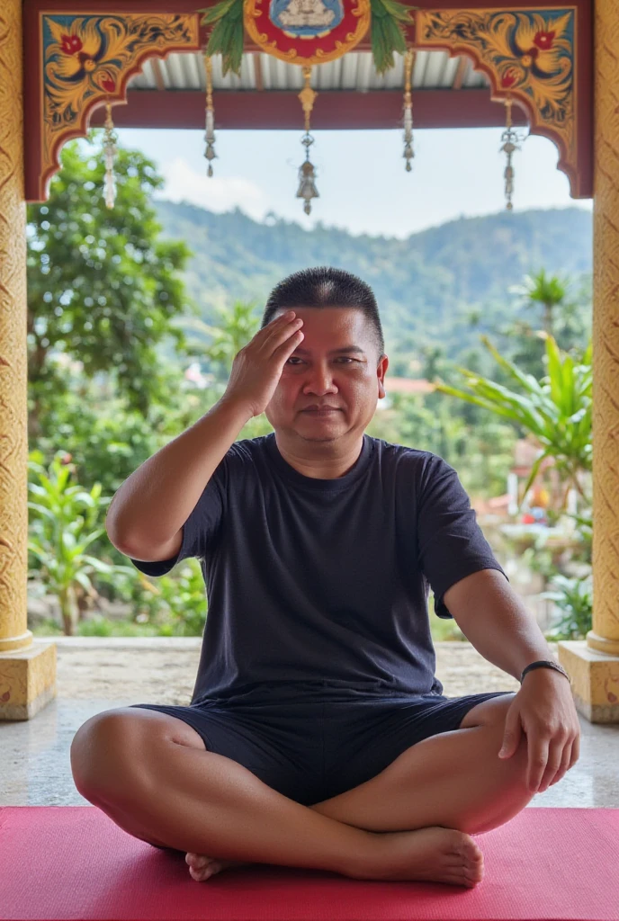 A devout man sits in meditation with his right hand on his left hand in peace on his forehead in a Thai temple in the countryside.
