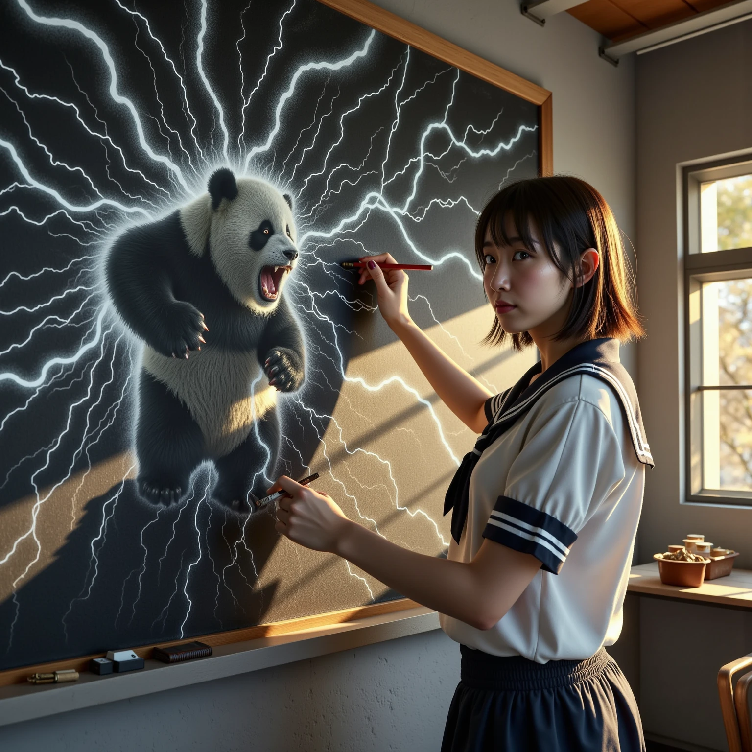 ultra-realistic, photorealistic, dramatic scene, shadow, global-illumination, solo, (perfect anatomy), (1 beautiful teenage Japanese high school student girl), wearing high school sailor uniform, in a classroom, the girl is drawing a battle scene\(dessin style, faded, monotone, Muay Thai fighter vs. terrifying man-eating panda, there are the shouting Muay Thai fighter and terrifying panda with fang, volcano, thunder, giant meteorite, Muay Thai fighter shows extremely painful expressions\) on a large blackboard using only chalk, professional lighting, peaceful sunny day, (very large blackboard), (A blockbuster artwork on a blackboard), she is holding a chalk and looking at viewers