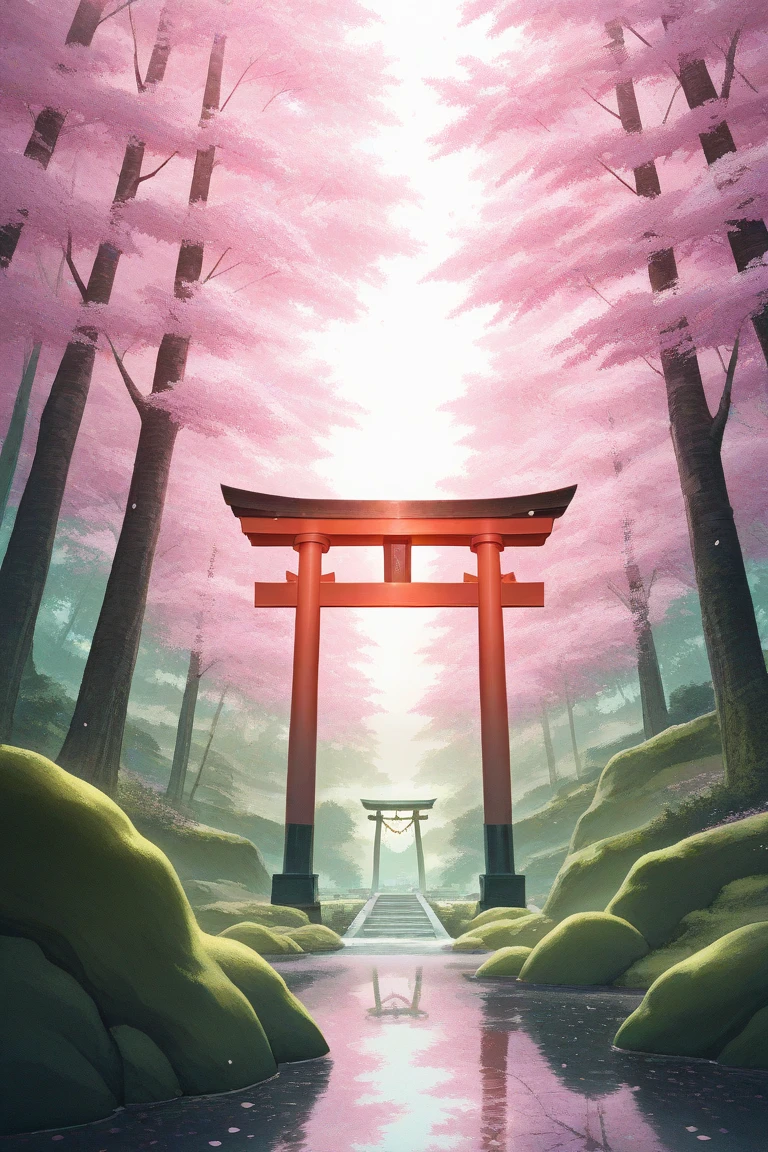 A majestic white snake gracefully coiled around a moss-covered rock, its shimmering pearlescent scales glowing softly in the moonlight. Surrounding the snake are blooming cherry blossoms, their delicate pink petals falling gently in the breeze. In the background stands a striking red torii gate, partially veiled by mist, set amidst a serene forest. The composition is enriched with traditional Japanese aesthetics, including stylized clouds and subtle light filtering through the trees. The atmosphere is mystical and awe-inspiring, with a perfect balance of elegance and power.