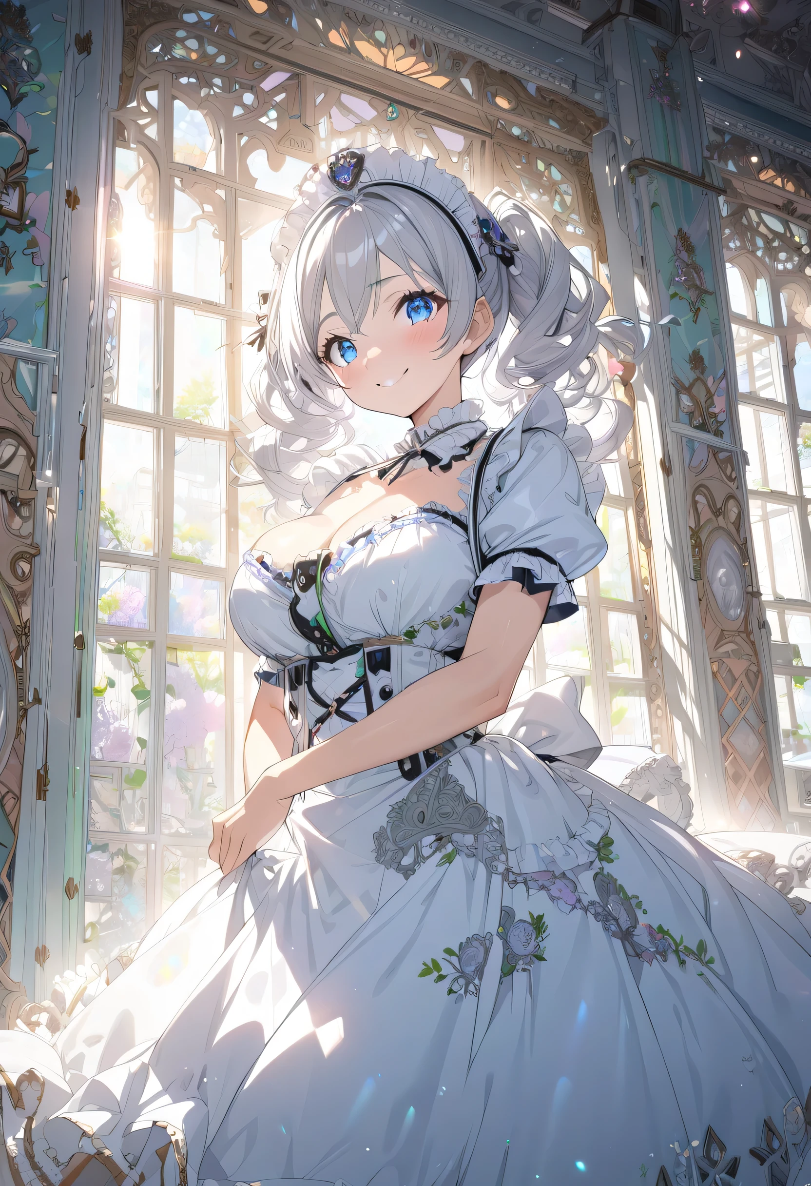 ((moe anime character)), ((ultra-detailed)), (highly detailed CG illustration), (best quality:1.2),  ultra-,highly detailed,colorful composition,artistic photoshoot, 1girl, solo focus, cute maid girl, anime 'spirit chronicles' seria Claire, wearing a frilly maid outfit,  (silver hair color:1.3), twintail hair, blue eyes, pink cheek, nsfw, exposed chest, revealing maid uniform and maid headdress and glasses,  Look at the viewer as if you were looking at someone you love, cowboy shot, standing by the window in a room decorated in rococo style, Portrait,depth of field, soft lighting, sidelighting, (shine), lighting, ray tracing, smile, perfect face, lustrous skin,  highly detailed face, highly detailed eyes , perfect face, perfect nose, perfect hair, perfect eyes, beautiful hair, beautiful face, extremely detailed face, beautiful detailed eyes, beautiful clavicle, beautiful body, beautiful large breasts, beautiful thigh, beautiful legs, beautiful fingers, lovely, (very detailed background:1.0),(highly detailed background:1.0),spring aesthetic, intricate details, joyful atmosphere, spring colors palette, chromatic aberration