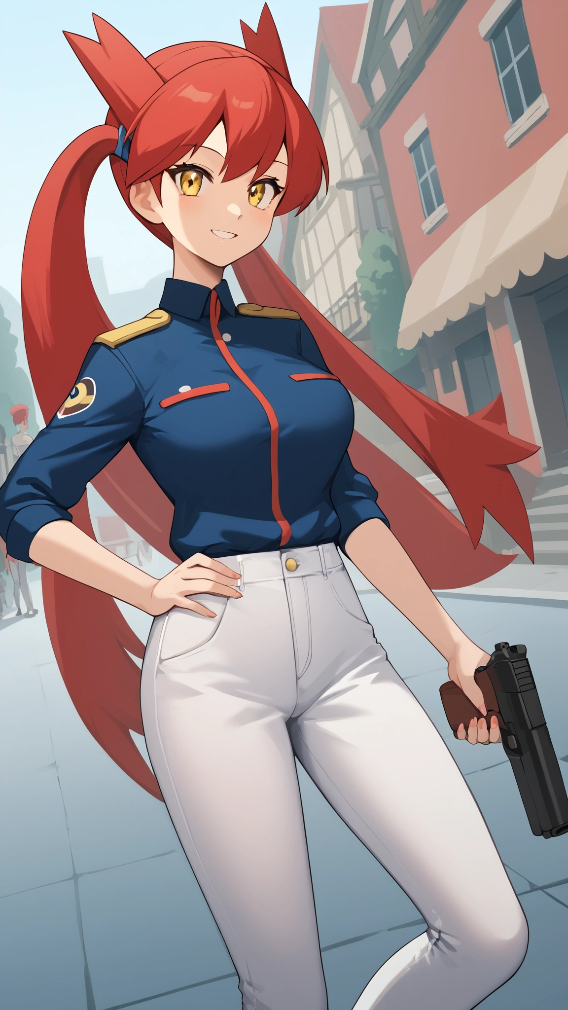 ( top quality)), ((masterpiece)), ( Details), 1girl,  red hair,  Twin Tails ,  long hair, Yellow Eyes, White military uniform, White jeans,  black long boots , Ample breasts,  Tall,  viewers of the pin, 1 Female, Age 18,  standing with different breasts , whole body, Place one hand on hip, Pistol,  ANIME COLORING BOOK,  slim figure,  sexy smile,  Seductive Smile,  score_9,  score_8_Excellent,  score_7_Excellent,  score_6_Excellent,  source_Anime,  cell shading ,  Flat Color , vector, (\ Pokémon\), Outdoor, town, Two legs, two arms,
