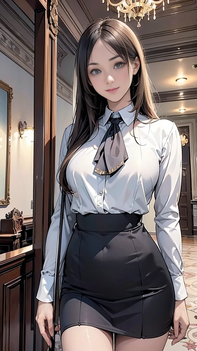 woman, ((masterpiece, Highest quality)), whole body view, Huge breasts, Detailed skin,Tight blouse, Short pencil skirt ,Black Pantyhose, Very detailed, Cinema Lighting, Ultra-realistic, blush, View your viewers, whole body, whole body in frame,Put your arms behind your back, bound, suspension、Pull up your skirt、Black Pantyhoseと太もものコントラストを見せる