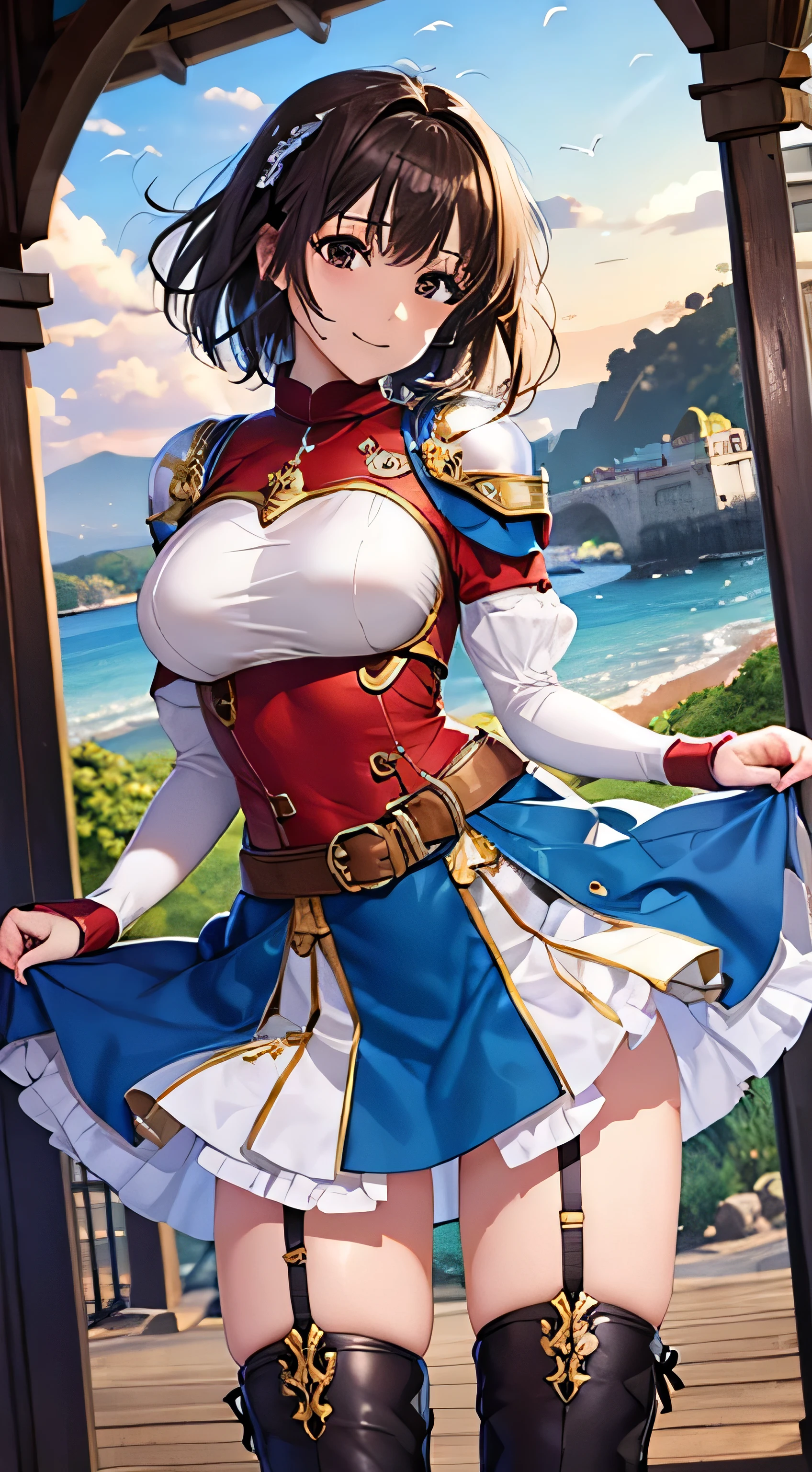 Anime girl in a red and blue dress posing for a picture - SeaArt AI