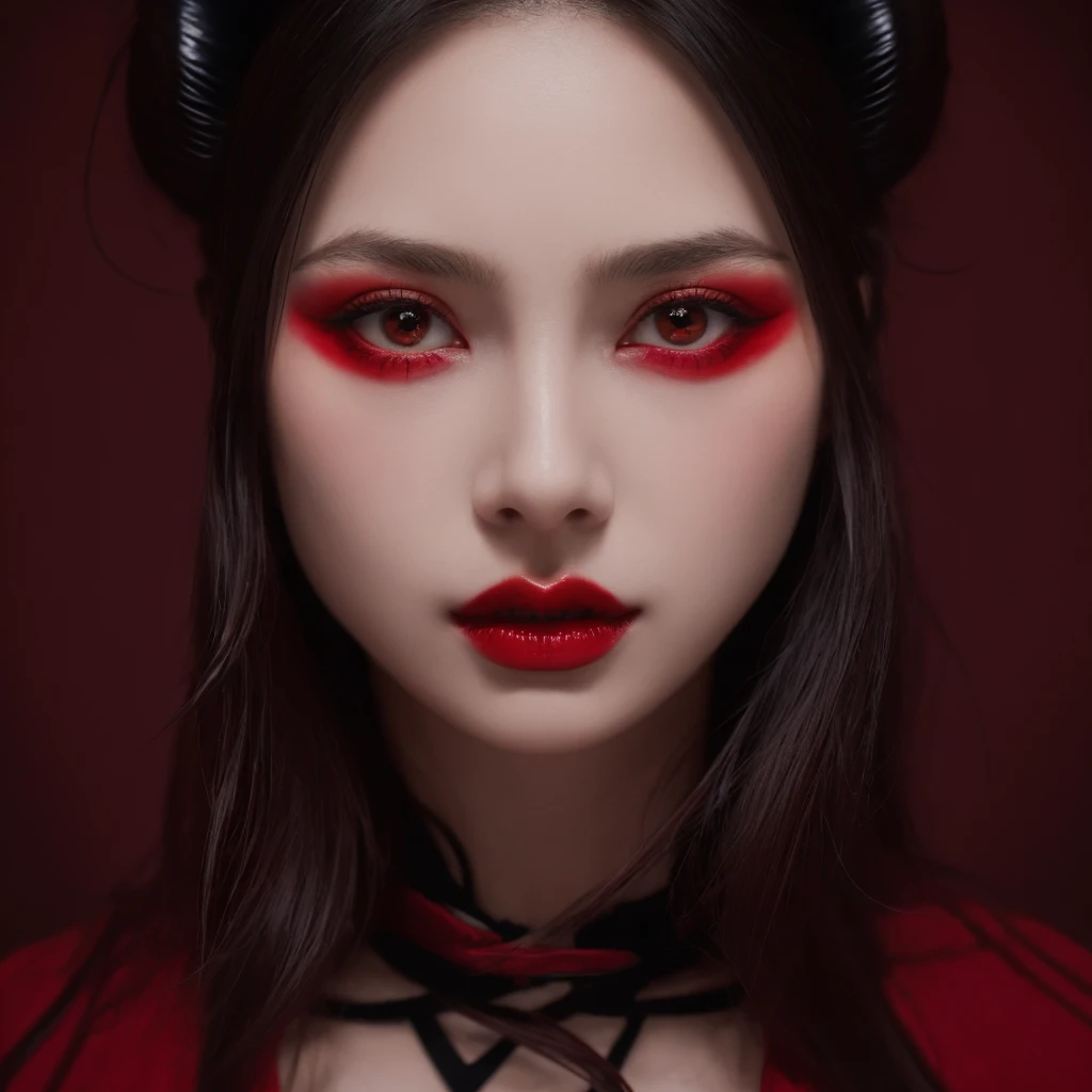 1 beautiful devil woman from hell, In the Dark: 1.6), surreal female portrait by David Hockney and Alphonse Mucha, fantasy art, korea doll, photorealism, dynamic lighting, artstation, poster, volumetric lighting, very detailed faces, 8k ultra, Awarded, in the dark, deep shadow, low key, cowboy lens, (Red phoenix dress: 1.4), long hair, black hair, bust, luxurious palace, Royal style, devil crown, red eyes make up very sharp and detailed, The most beautiful face, The breasts are very big and round and round, Super realistic, chinese women's clothing, polo neck sweater, Charming smile, The eyes are very well made up, guweiz, devil style, wearing black mesh socks, Ponytail with a bow tied at the back of the hair, Red black lips, Devil tattoo on shoulder, wearing a thin red and black robe, the landscape is overcast and thunderous, (Portrait), Close-up of the main character, (Background details 1.8),