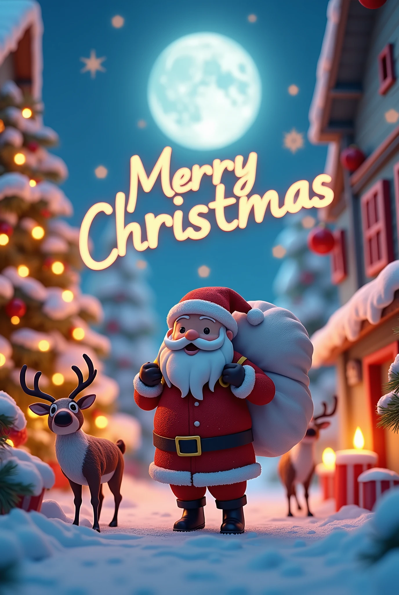 (masterpiece:1.2,Premium quality ,  Mirror Finish  ,  cinematic experience, best illustration:2.0, super detailed ),8k,16k,( wallpaper:2.0),( Christmas),(Santa Claus carrying a white bag on his shoulder:2.0),( reindeer:2.0),(front:2.0),( Christmas tree),( candles),( Cute Illustration :2.0),( background is a city celebrating Christmas :2.0),(3D isometric illustration:2.0),( Tim Burton movie style :2.0),(The background is brightly colored :2.0),(" merry christmas"Draw the pop characters of:2.0),( Full Moon :2.0),(from below:2.0),( dynamic :2.0),( Cute Illustration ),( comical )