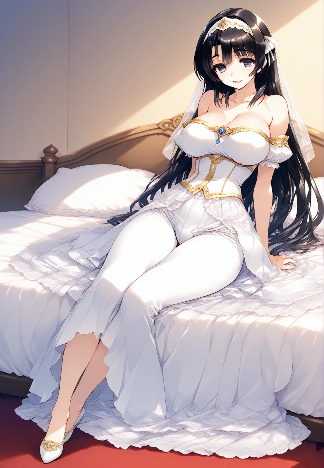   looking at the spectator , NSFW, alone,  Detailed , necessary,   better quality,   Masterpiece,  Correct anatomy ,  A woman  ( seductive full body , inviting,  curvilinear ,  big breasts,  thin waist ,    big ass,   short black hair ,  wearing a princess headband  , violet eyes,  daring smile ), Dressed in a seductive wedding dress close to her body that enhances her neckline ,  waist and back in a luxurious room of a royal palace close to a double bed