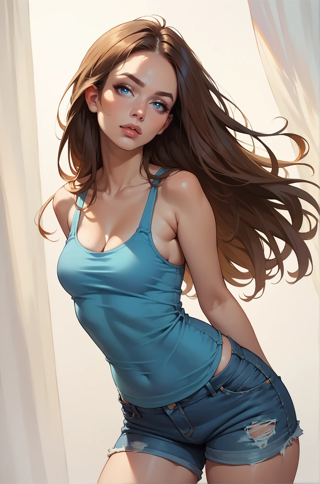 score_9, score_8_up, score_7_up, cartoon of a girl, solo, sexy, slutty, blue eyes, brown hair, long hair, straight hair, blue tank top, denim shorts, cleavage, small breast, visible thighs, standing, white background