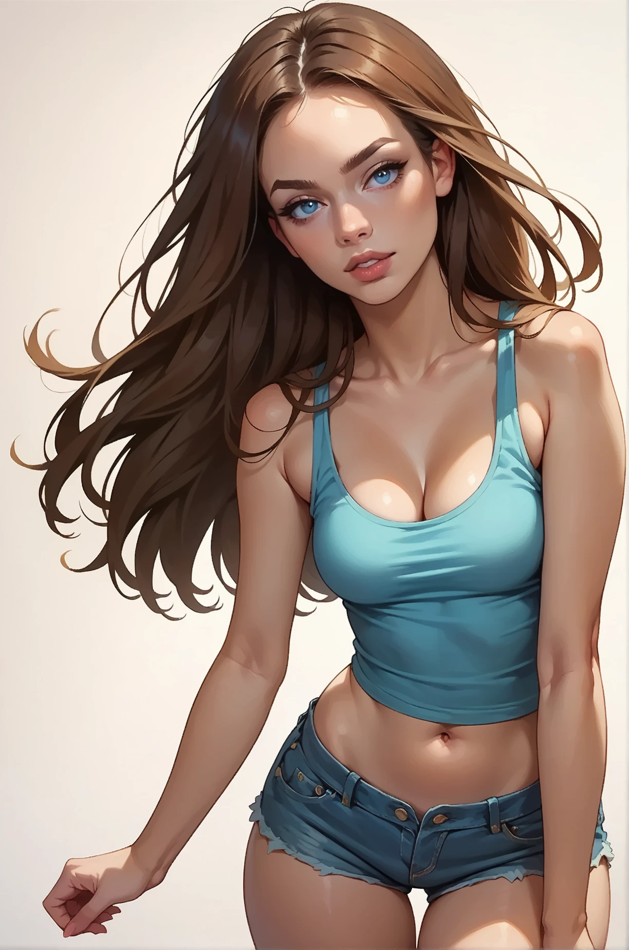 score_9, score_8_up, score_7_up, cartoon of a girl, solo, sexy, slutty, blue eyes, brown hair, long hair, straight hair, blue tank top, denim shorts, cleavage, small breast, visible thighs, standing, white background