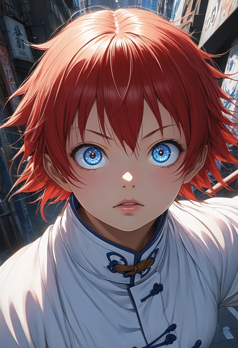 Kagura, an important character in the famous Japanese animated film Gin Tama. A 14-year-old girl with delicate features, a round face, orange-red hair, soft and thick, fair skin, big eyes, shining eyes, blue pupils, wearing a red cheongsam with a round collar and a high collar. Holding the arm of Gintoki Sakata, an important character in Gin Tama, showing a very hungry state, the background is on the streets of the city, natural body movements, dynamic movements, big movements, 3D anime realism, realistic anime art style, amazing realistic anime facial portrait, beautiful realistic anime portrait, 3D anime style, realistic, real, photography, Unreal Engine, semi-realistic anime, realistic anime, guweiz on art station, anime character portrait, digital advanced anime art, anime illustration, this high resolution, high quality, high facial details, professional photos taken with cinematic lighting and sharp focus. --ar 3:4 --profile 3latypr --v 6.1