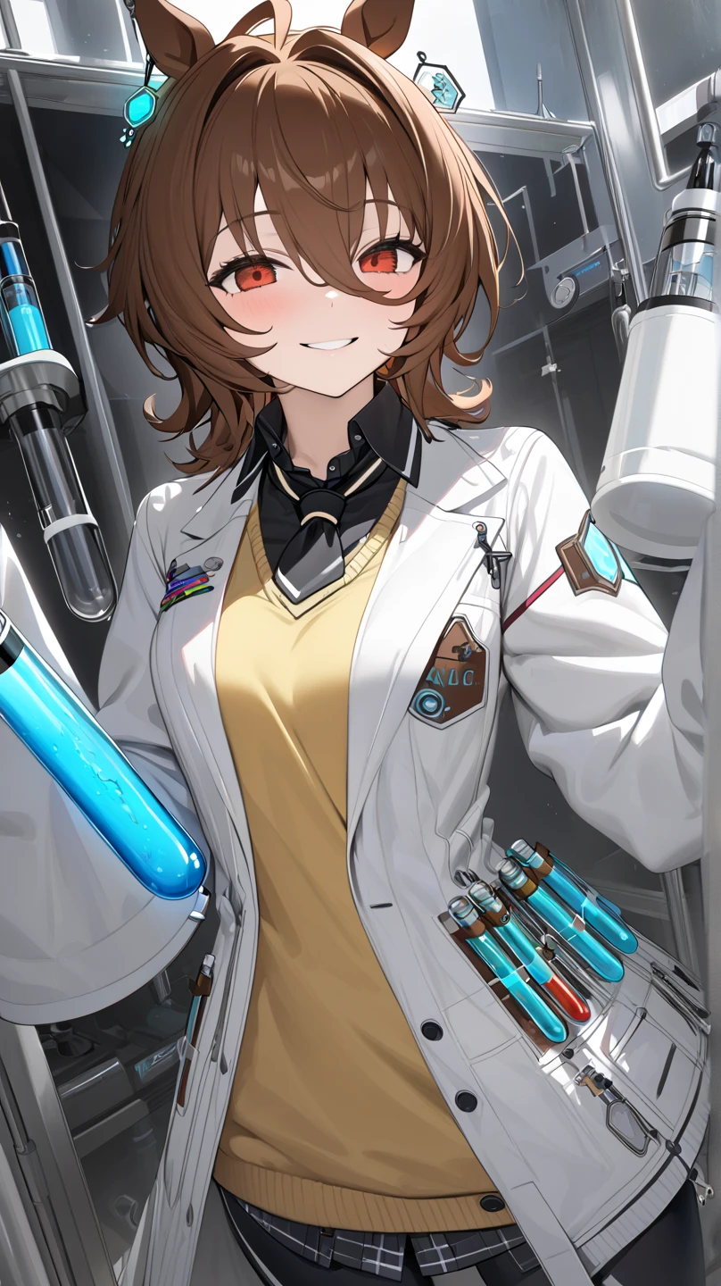  top quality, masterpiece,  high definition ,  Ultra Fine,  high detail, accurate, masterpiece, 
 Agnes Tachyon \(Horse Girl\), 
mad scientist, (Shining Lab:1.2), smile,  single earring,  Long Sleeve ,  sleeves are longer than wrists ,   sleeves are longer than fingers,  colored shirt ,   black shirt ,  yellow sweater ,  sweater vest,  black tuxedo ,  short tie,  open coat, white coat, white, Test tube, bottle, zipper,  black pantyhose , 