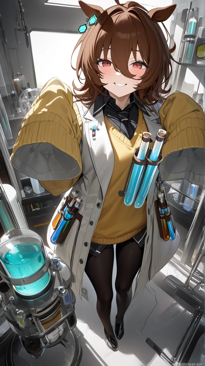  top quality, masterpiece,  high definition ,  Ultra Fine,  high detail, accurate, masterpiece, 
 Agnes Tachyon \(Horse Girl\), 
mad scientist, (Shining Lab:1.2), smile,  single earring,  Long Sleeve ,  sleeves are longer than wrists ,   sleeves are longer than fingers,  colored shirt ,   black shirt ,  yellow sweater ,  sweater vest,  black tuxedo ,  short tie,  open coat, white coat, white, Test tube, bottle, zipper,  black pantyhose , 