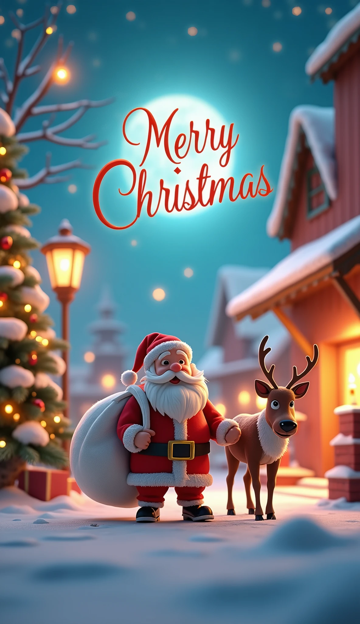 (masterpiece:1.2,Premium quality ,  Mirror Finish  ,  cinematic experience, best illustration:2.0, super detailed ),8k,16k,( wallpaper:2.0),( Christmas),(Santa Claus carrying a white bag on his shoulder:2.0),( reindeer:2.0),(front:2.0),( Christmas tree),( candles),( Cute Illustration :2.0),( background is a city celebrating Christmas :2.0),(3D isometric illustration:2.0),( Tim Burton movie style :2.0),(The background is brightly colored :2.0),(" merry christmas"Draw the pop characters of:2.0),( Full Moon :2.0),(from below:2.0),( dynamic :2.0),( Cute Illustration ),( comical )