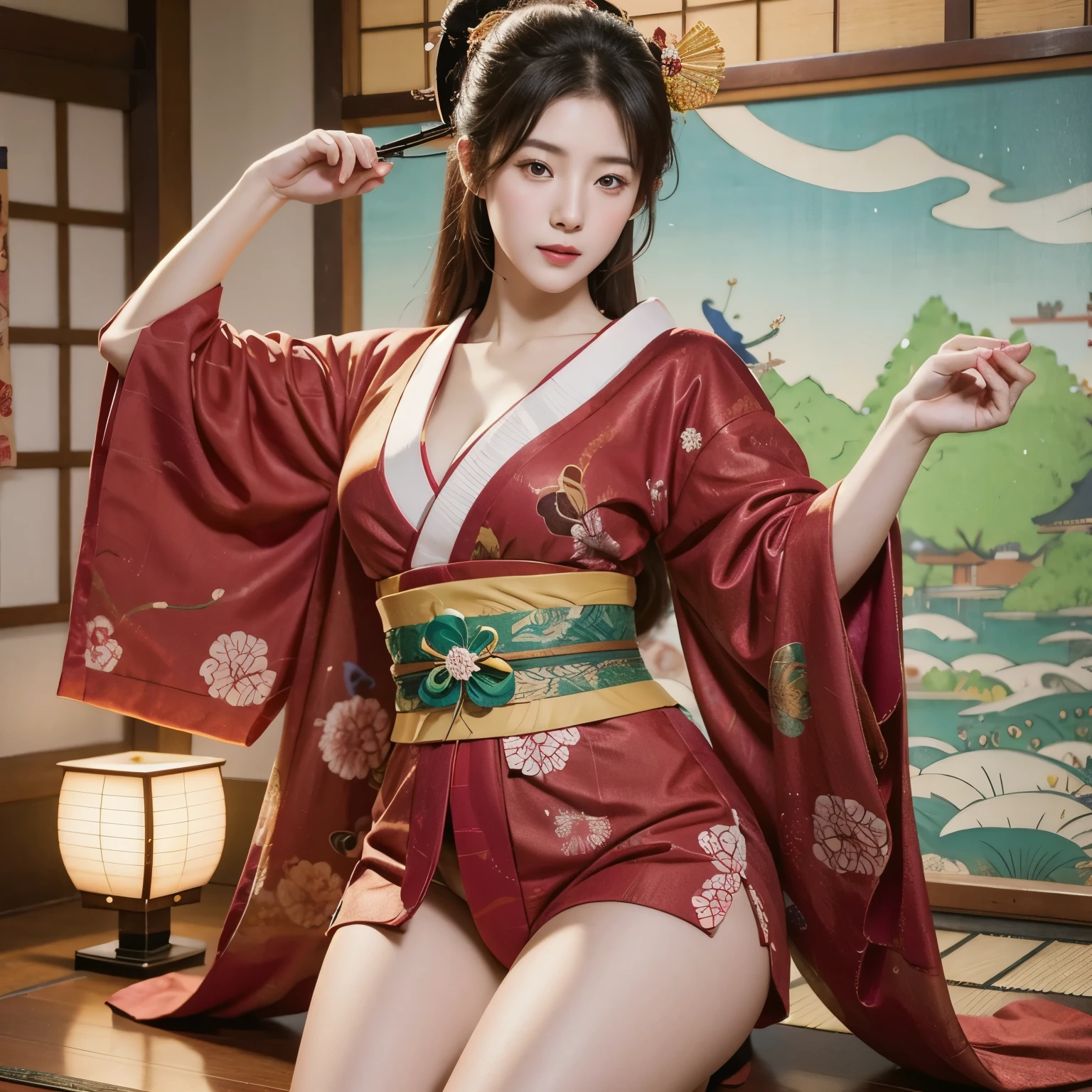(Masseter muscle film、top quality、Ukiyo-e style、mystery、Exquisite and beautiful、official art、Sharaku:1.2)、(1 girl in:1.3)、(Fractal art:1.3)、cowboy shooting、fair skin、(beautiful brunette、kimono:1.2)、Set against the backdrop of traditional Japanese performing arts、colorful、(reel、Belongs to Japanese style:1.2)、skin glowing、spread your legs,Camel toe showing thigh!!!、