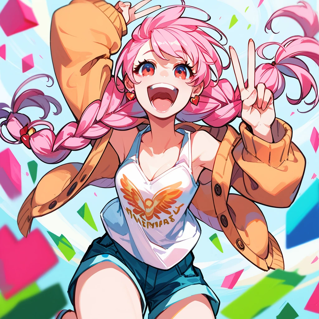 masterpiece, female, cheerful, laughing, floating, making a peace sign, looking at viewer, braids, long hair, braid, pink hair, red eyes, tank top, cardigan, shorts, 20-year-old