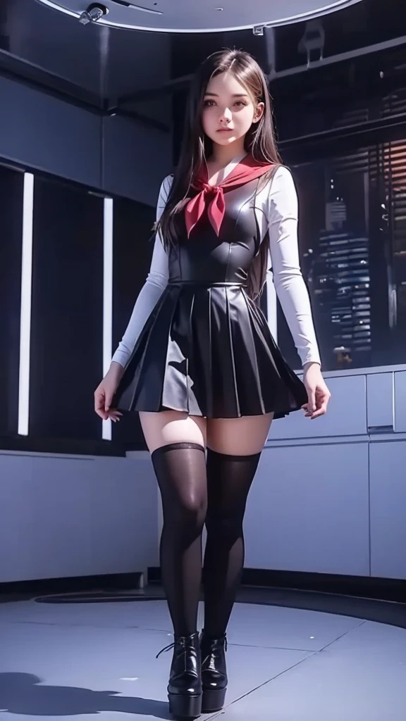Full body image, Persona 4 Yukiko Amagi, long black hair, narrow face, , Double eyelids, Wearing plaid skirt, red sweater with a shirt under, white sandals, white knee high stockings, Looking at Viewer, (Detailed Face), standing (standing 1.4), Bust, Long Legs, Thin Waist, Buttocks, Ultra Fine Makeup, ultra fine clothes, beautiful attractive woman, highly detailed, (Realistic lighting, Top Quality, 8K, Masterpiece: 1.3)),(High Resolution), (8K), (Very Detailed), (Best Quality), (Ultra Detailed), (Masterpiece), ultra high resolution, (photorealism: 1.4)