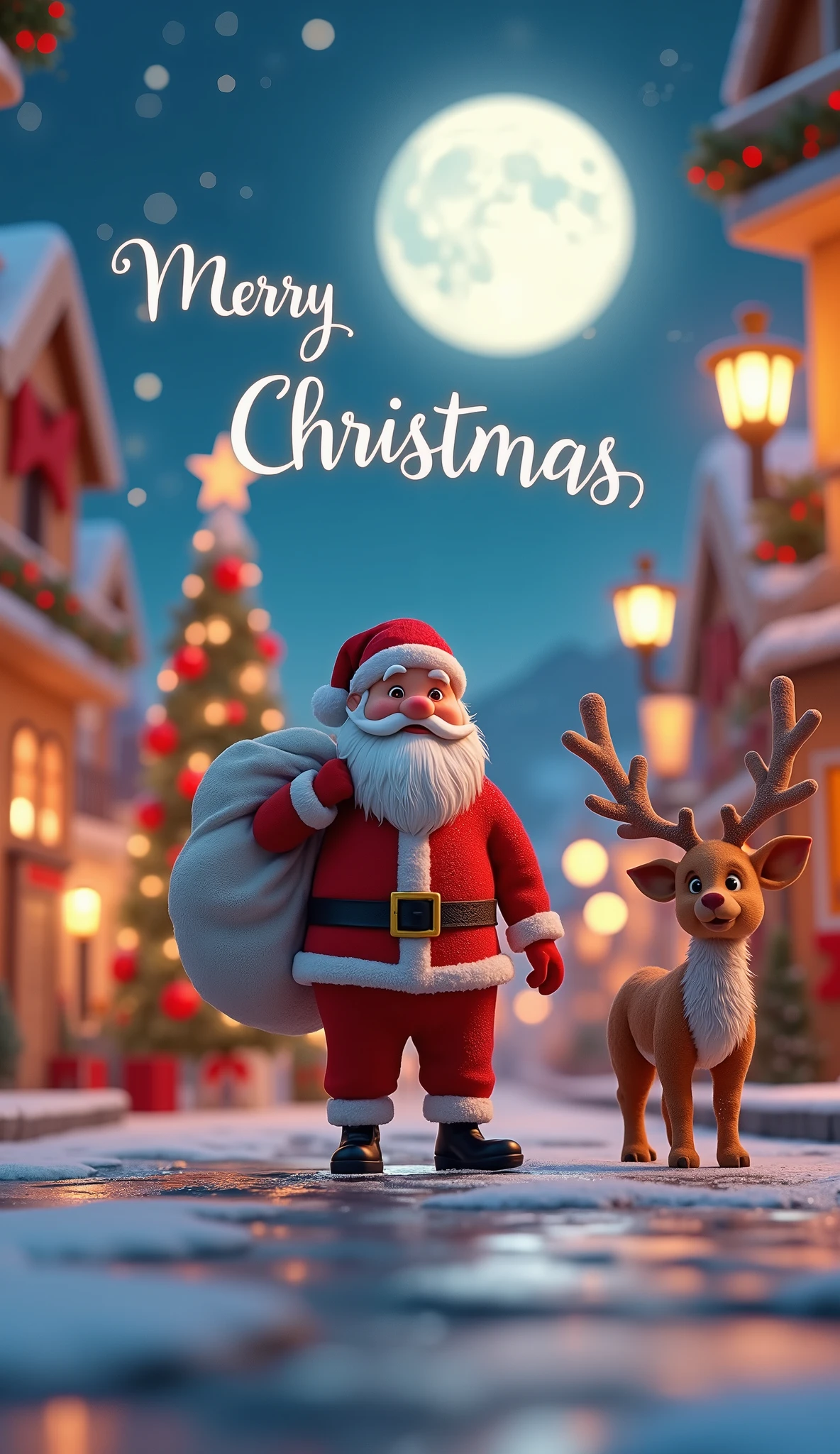 (masterpiece:1.2,Premium quality ,  Mirror Finish  ,  cinematic experience, best illustration:2.0, super detailed ),8k,16k,( wallpaper:2.0),( Christmas),(Santa Claus carrying a white bag on his shoulder:2.0),( reindeer:2.0),(front:2.0),( Christmas tree),( candles),( Cute Illustration :2.0),( background is a city celebrating Christmas :2.0),(3D isometric illustration:2.0),( Tim Burton movie style :2.0),(The background is brightly colored :2.0),(" merry christmas"Draw the pop characters of:2.0),( Full Moon :2.0),(from below:2.0),( dynamic :2.0),( Cute Illustration ),( comical )