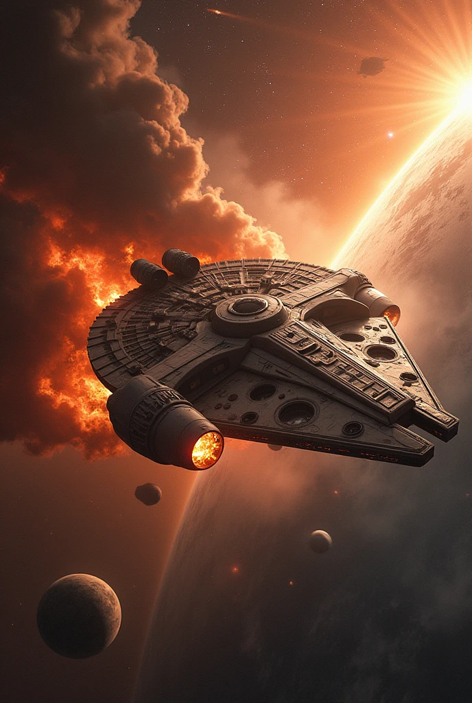 The Falcon ship descending from space towards Earth, engulfed in flames and smoke, with a dramatic background of stars and planets, showcasing the intensity of the attack, sci-fi, action, dynamic perspective, high detail, vibrant colors