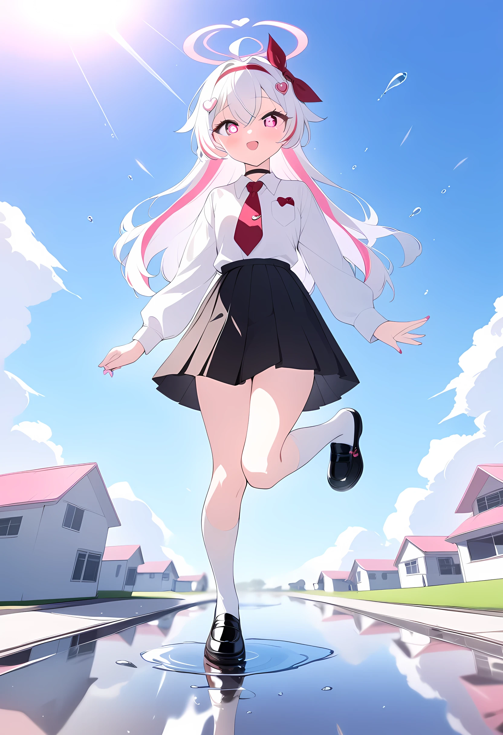 masterpiece, best quality, very aesthetic, absurdres, 1girl, solo, ectomorph, from below, full body, happy, open mouth, looking at viewer, halo, pink nails, (white hair:1.2), long hair,kuragecut, multicolored hair, (pink hair:0.9), pink eyes, heart hair ornament,heart, jewelry, symbol-shaped pupils, choker, bangs, hair between eyes, heart-shaped pupils, ahoge, bow headband, red bow, pink streaked hair, school uniform, shirt, white shirt, collared shirt, pocket chest, long sleeves, necktie, red necktie, skirt, black skirt, pleated skirt, white kneehighs, black shoes, outdoors, blue sky, day, road, puddles, modern houses, cheerful atmosphere, sunlight, walking, on one leg, step on puddles, (splash:1.1),soft focus, motion blur, dynamic lighting, reflection, aidxlv05_neg, 4K