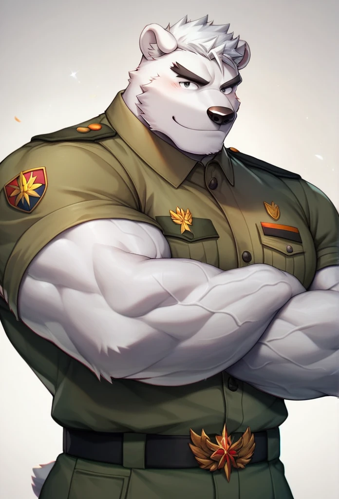 solo, 1boy, Huge Muscular White Polar Bear wearing glasses, huge white fur, pectoral, huge pectoral, wide pectoral, short white hair, green army tank top, green military pants, black wristbands and army boots, bearded, white Mustache, white fur, tooth necklace, military training ground background, masterpiece, high detailed, 8k, high resolution, at the training academy, gun shooting range practice