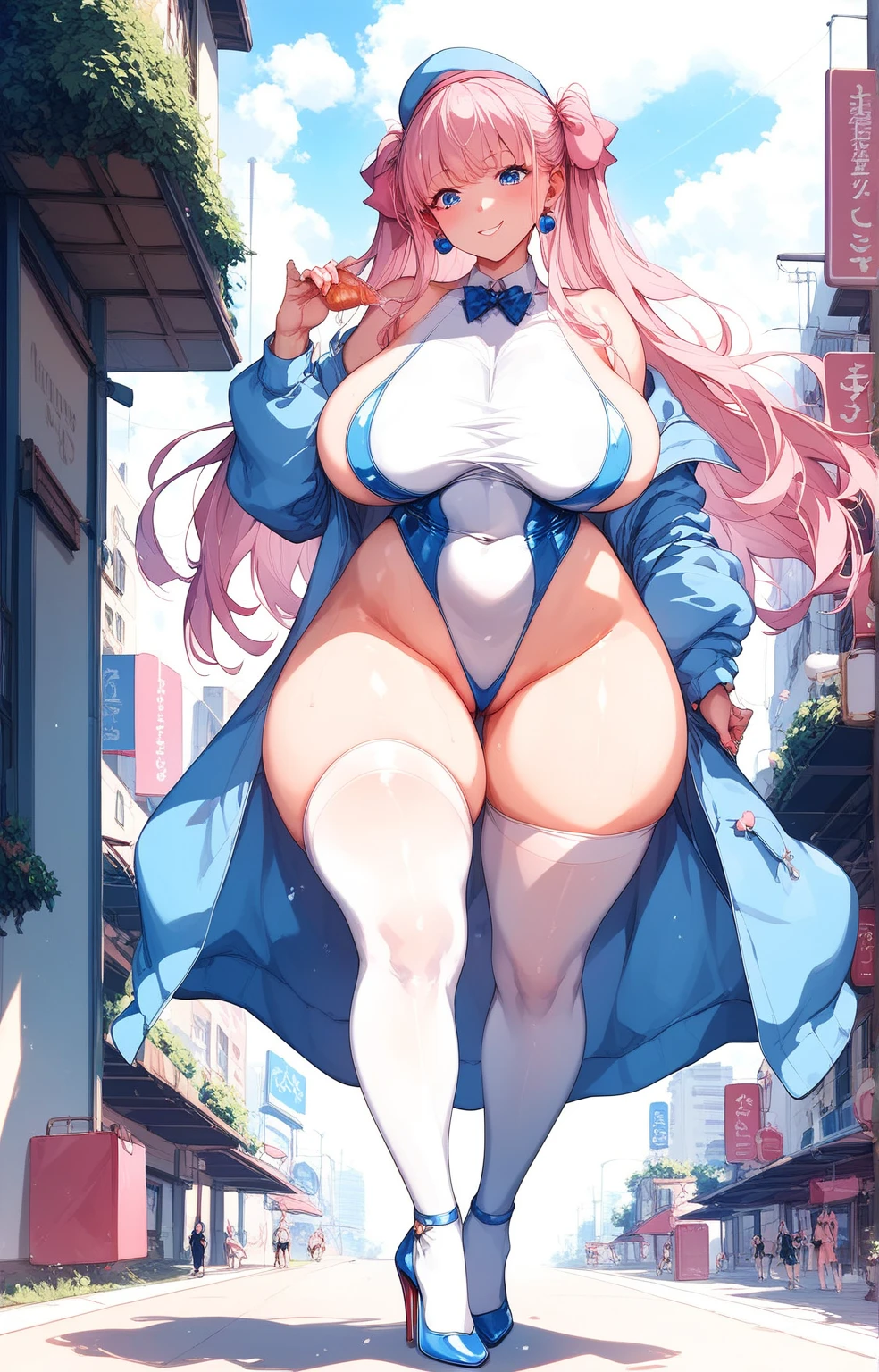  Pink ハイレグ leotards 　 ピンク髪 ストレートロングhair　 Big Breasts 　 big thighs　 white stockings   　 high heels　　outside　In the city　    leotards　the front  ハイレグ leotards　 leotards