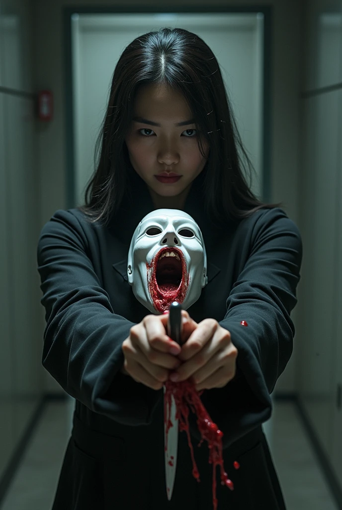 korean plump girl, (behind corpse, holding knife), surgical mask, black gloves, bath full of blood, black raincoat, hood up, holding knife, black gloves, woman on top, behind corpse, blood splatter, in the hotel, mass murderer, killer, long bangs, blood splatter, dark atmosphere, cinematic lighting, atmospheric realistic, close-up, looking at viewer
