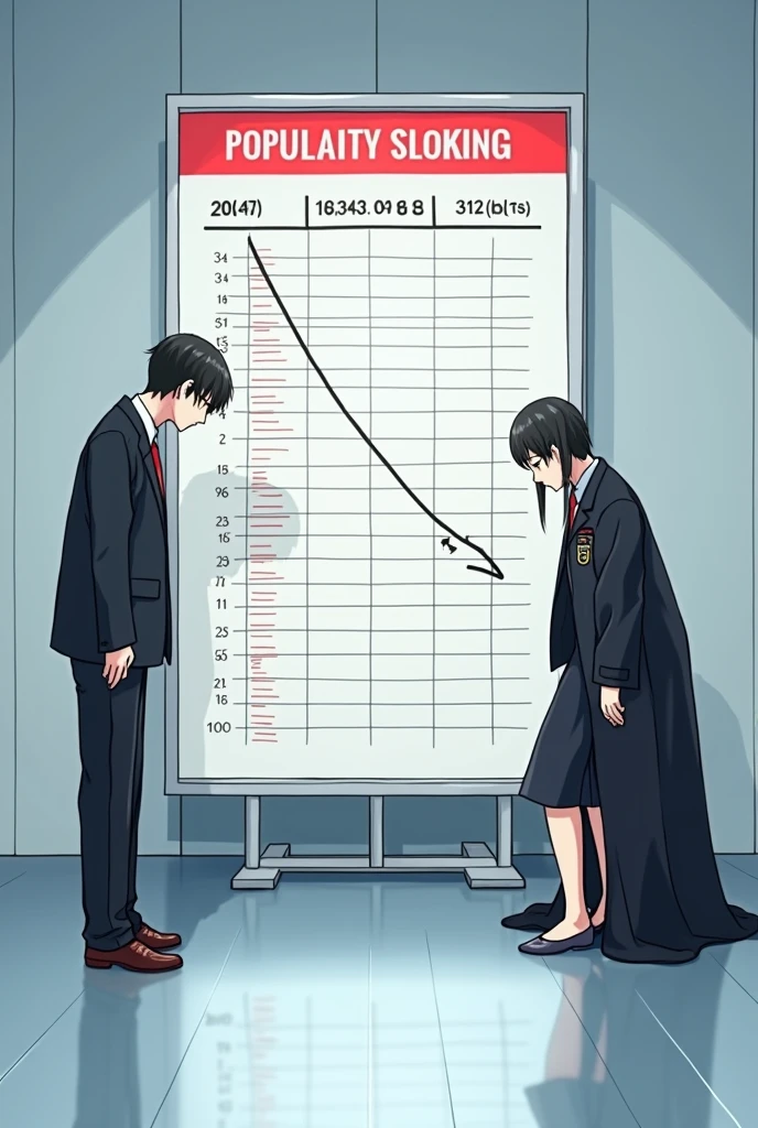 Sign "Popularity Ranking", ranking table, Sign "30th place, last year's 1st place↓", popularity plummets, idols drooping, Rapid Descent