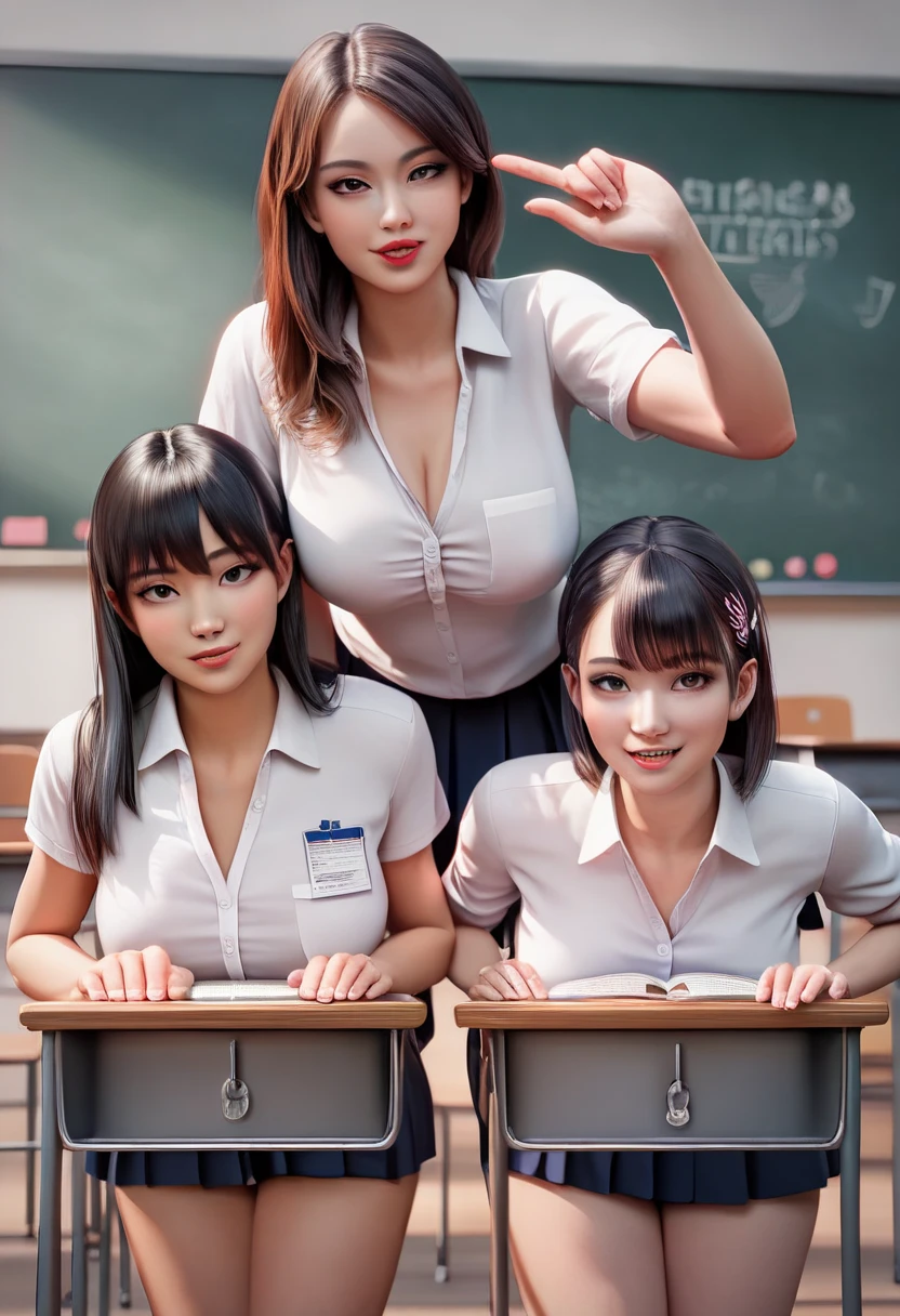(Best Quality, Extremely Detailed, Masterpiece, Highres, photograph:1.2), (multiple girls), a group of student, ((17 years old)), sexy, beautiful face, perfect body, perfection,in a classroom, seductive, naked, perfect, randomized hairstyles, wet body, ((huge breasts)), adoring each other, romantic interaction , romantic, sharp focus, dynamic lighting, great composition, focus stacking, depth of field, gaussian blur, sharp focus