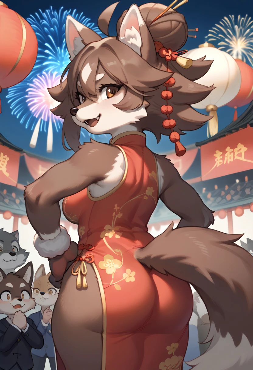 Masterpiece,high quality portrait,16k,round head,round chin,small fangs and big round eye shape:yellow/brown eyes),author: Tsu_Ji; Ookami-Chan furry female,furry,1girl,furry,furry female,Short Female Wolf,Furry Wolf,Female Wolf Kemono Head,Female Wolf Kemono Face,breasts,wolf animal ears full brown,wolf animal print,side locks,Pale Taupe brown hair,Pale Taupe brown fur,Full brown arms and hands,white under fur arms and hands,really big ahoge,furry female very long hair,Short Female Wolf,medium breasts,female wolf animal small snout nose,Female wolf pattern body fur,Female wolf long tail,white fur,young appearence,Wolf Furry,Shortstack,wearing (chinese dress,chinese wrist band,)Chinese New Years Celebration,Chinese New Years,2025 Celebration,Chinese Happy New Year,Crowd celebrating,Fireworks,smile,facing away,show ass,ass exposure,hands on hips,solo,alone,