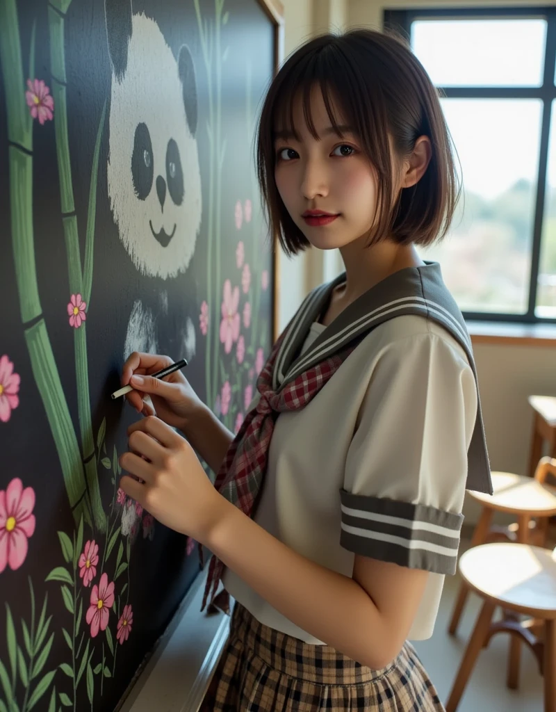 ultra-realistic, photorealistic, dramatic scene, shadow, global-illumination, solo, (perfect anatomy), (1 beautiful teenage Japanese high school student girl), wearing high school sailor uniform, in a classroom, the girl is drawing a cute panda\(dessin style, very realistic cute panda, bamboo, colorful flowers, happy\) on a large blackboard using only chalk, professional lighting, peaceful sunny day, (very large blackboard), (A blockbuster artwork on a blackboard), she is holding a chalk and looking at viewers