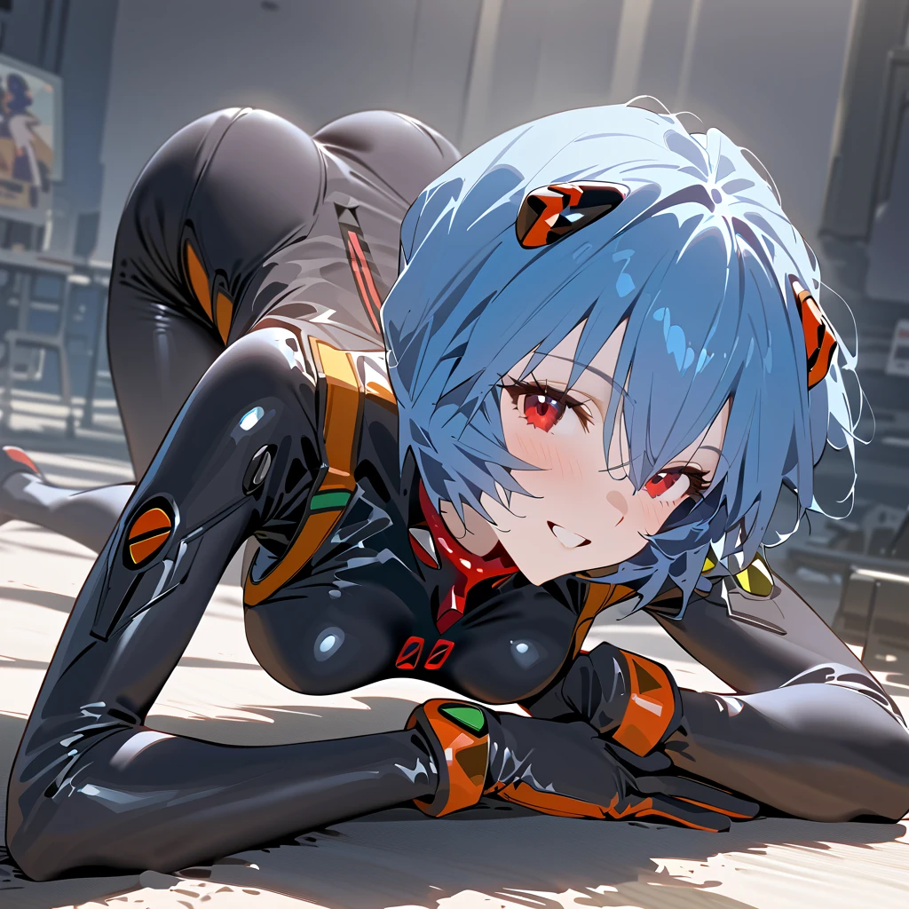         top quality,         top quality,          high quality images       ,     masterpiece  ,              super high resolution       ,             detailed background    ,             absurd,           Perfect Anatomy     ,     ,      good lighting     ,          Photo Gallery    ,           Neon Genesis Evangelion 、Rei Ayanami、 blue hair、 short hair、 red eyes、Black plug suit 、、smile、universe、 flying 、Moving lines、