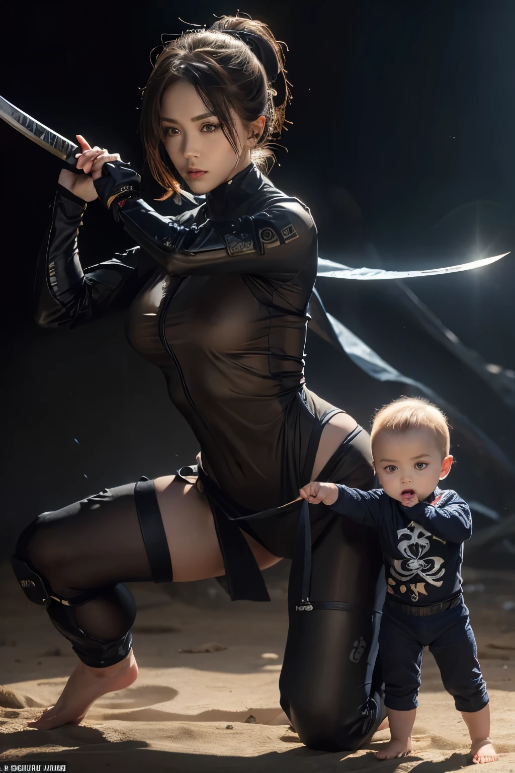 Image of a woman and a toddler babyboy, ninja themes (best quality, detailed, realistic), woman holding katana and toddler babyboy holding kunai, looking camera, full body, battle pose, transparan suit, futuristic environment