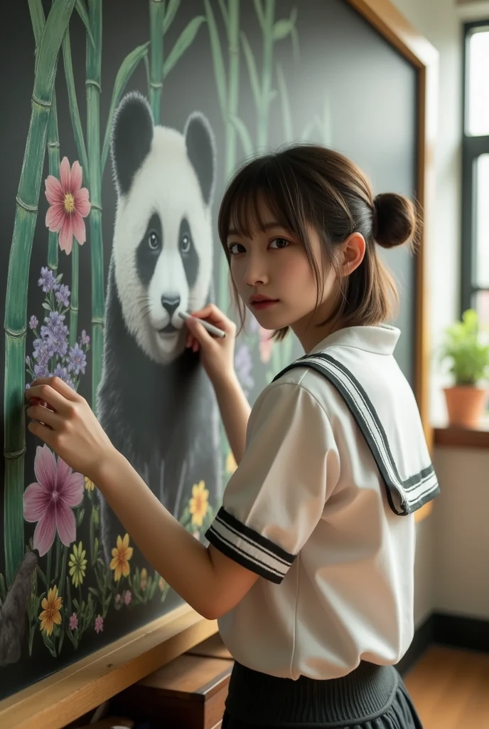 ultra-realistic, photorealistic, dramatic scene, shadow, global-illumination, solo, (perfect anatomy), (1 beautiful teenage Japanese high school student girl), wearing high school sailor uniform, in a classroom, the girl is drawing a cute panda\(dessin style, very realistic cute panda, bamboo, colorful flowers, happy\) on a large blackboard using only chalk, professional lighting, peaceful sunny day, (very large blackboard), (A blockbuster artwork on a blackboard), she is holding a chalk and looking at viewers