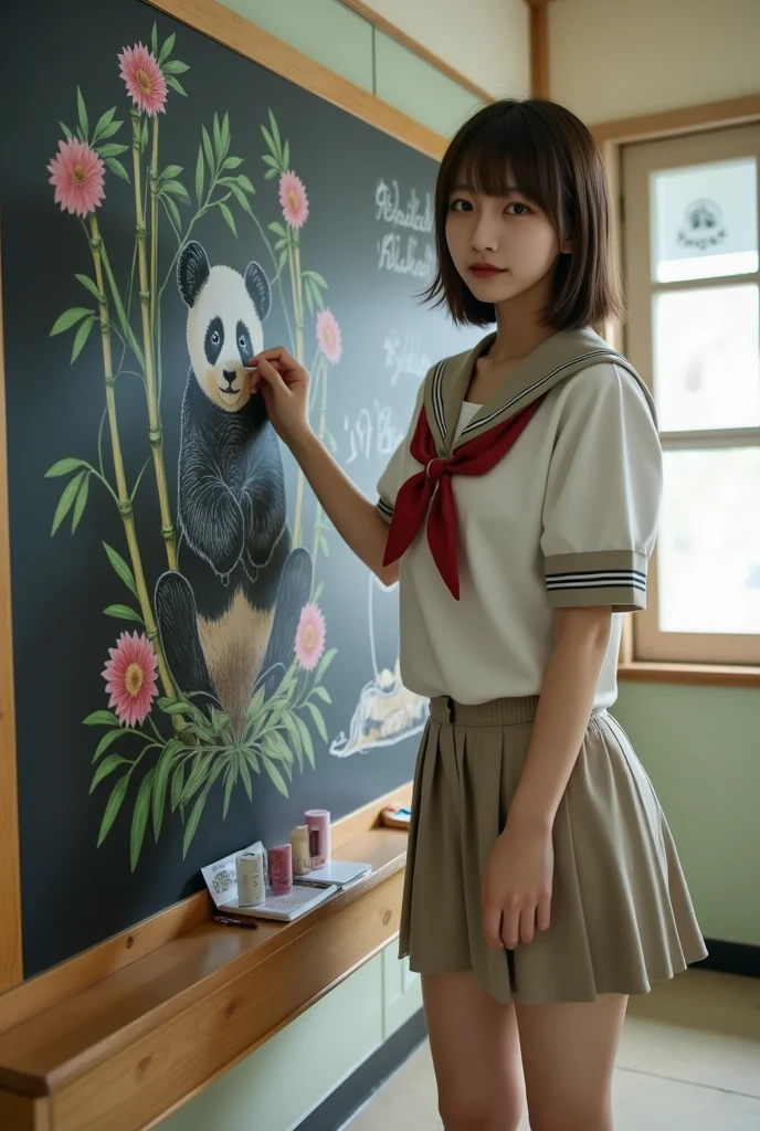 ultra-realistic, photorealistic, dramatic scene, shadow, global-illumination, solo, (perfect anatomy), (1 beautiful teenage Japanese high school student girl), wearing high school sailor uniform, in a classroom, the girl is drawing a cute panda\(dessin style, very realistic cute panda, bamboo, colorful flowers, happy\) on a large blackboard using only chalk, professional lighting, peaceful sunny day, (very large blackboard), (A blockbuster artwork on a blackboard), she is holding a chalk and looking at viewers