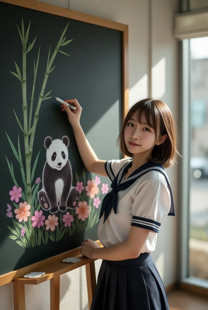 ultra-realistic, photorealistic, dramatic scene, shadow, global-illumination, solo, (perfect anatomy), (1 beautiful teenage Japanese high school student girl), wearing high school sailor uniform, in a classroom, the girl is drawing a cute panda\(dessin style, very realistic cute panda, bamboo, colorful flowers, happy\) on a large blackboard using only chalk, professional lighting, peaceful sunny day, (very large blackboard), (A blockbuster artwork on a blackboard), she is holding a chalk and looking at viewers