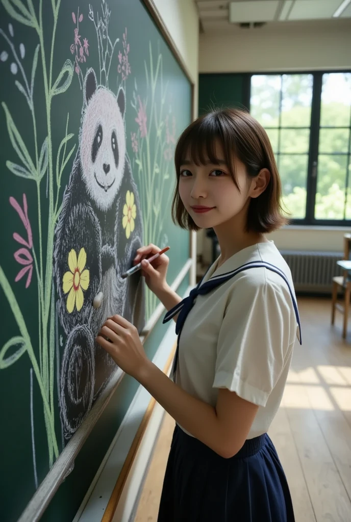 ultra-realistic, photorealistic, dramatic scene, shadow, global-illumination, solo, (perfect anatomy), (1 beautiful teenage Japanese high school student girl), wearing high school sailor uniform, in a classroom, the girl is drawing a cute panda\(dessin style, very realistic cute panda, bamboo, colorful flowers, happy\) on a large blackboard using only chalk, professional lighting, peaceful sunny day, (very large blackboard), (A blockbuster artwork on a blackboard), she is holding a chalk and looking at viewers