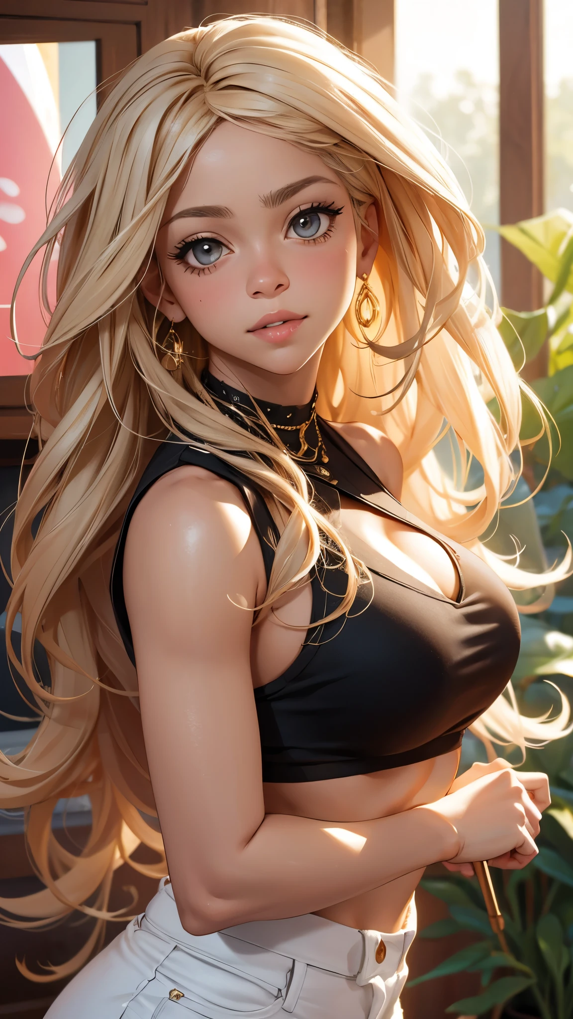 (Blonde stunning hair), (blue eyes), blue necklace, Golden earrings, Fit, Gorgeous Body, gorgeous, brown eyebrows, (two moles over lip), big pupils, (23 years old), 1girl,solo, complex skin, warm light, (large breasts), wide thighs, round butt, 5 fingers, ((blushing)), ((detailed face, best quality)), (masterpiece)), ((ultra-detailed)), (beautiful detailed eyes), red lip, eyeshadow, beautiful face, long hair, very detailed eyes, intricate details in eyes, perfect lips, good lighting, cleavage, ((smug face)), red crop top and black leather shorts, in alley background