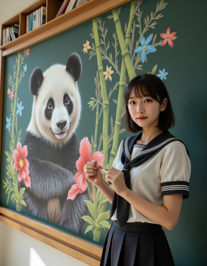 ultra-realistic, photorealistic, dramatic scene, shadow, global-illumination, solo, (perfect anatomy), (1 beautiful teenage Japanese high school student girl), wearing high school sailor uniform, in a classroom, the girl is drawing a cute panda\(dessin style, very realistic cute panda, bamboo, colorful flowers, happy\) on a large blackboard using only chalk, professional lighting, peaceful sunny day, (very large blackboard), (A blockbuster artwork on a huge blackboard), she is holding a chalk and looking at viewers