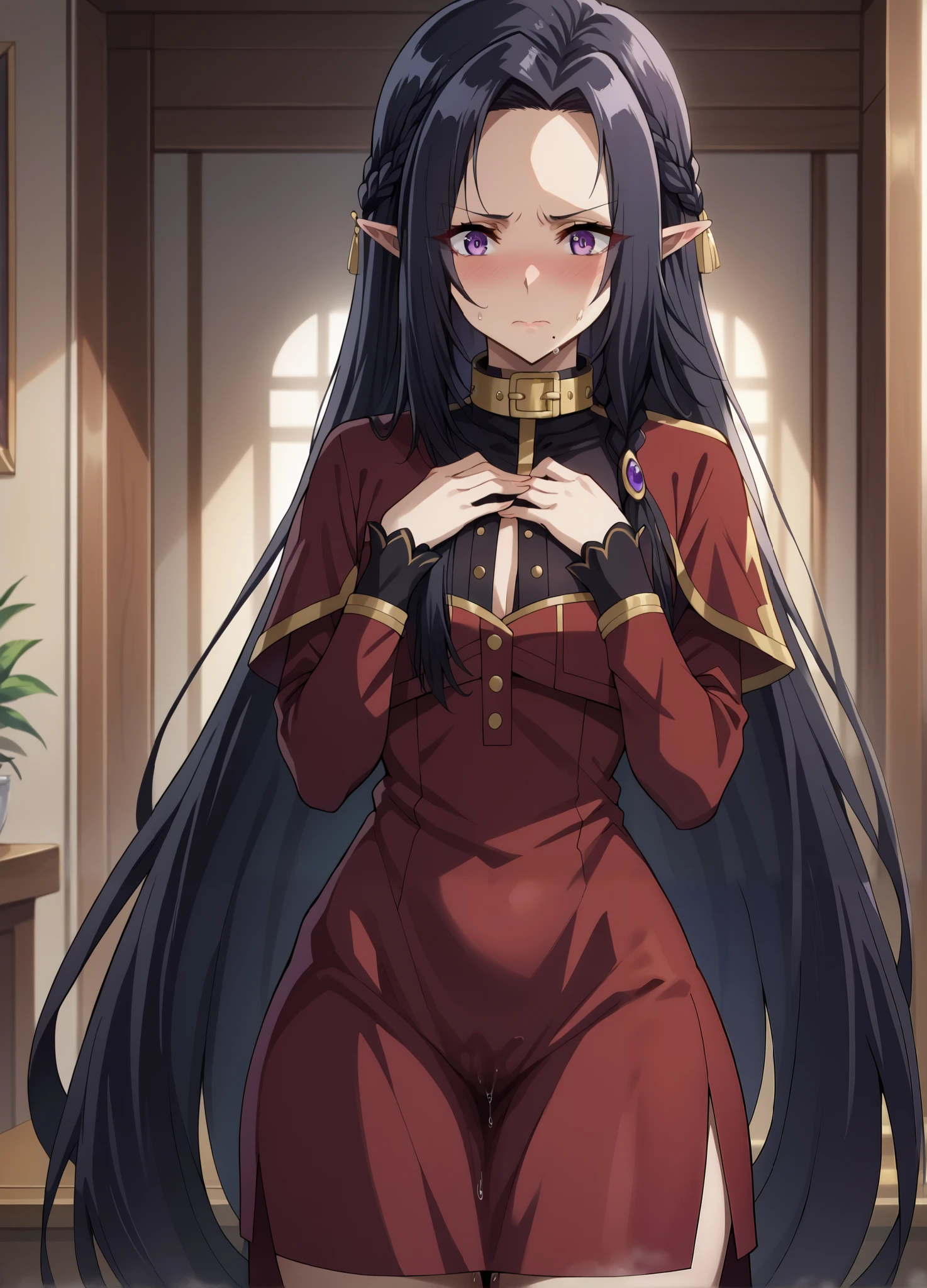 score_9, score_8_up, score_7_up, source_anime,4K,perfect fingers,
1girl,shadowgamma, gamma, long hair, purple eyes, black hair, very long hair, pointy ears, mole, mole under mouth,
dress, ponytail, braid, red dress, collar, button, skirt, red skirt,
(embarrassed, closed mouth:1.4),steaming body, pussy juice,