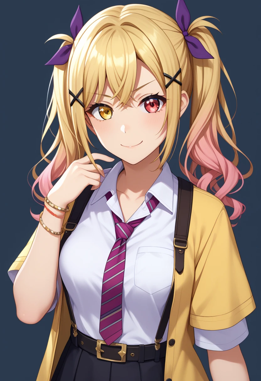 score_9, score_8_up, score_7_up,score_6_up, score_5_up, score_4_up , 1girl, solo, heterochromia, Arisaichigaya, ArisaIchigaya, yellow eyes, long hair,twintails,side bangs,x hair ornament,hairclip ,brown eyes,blonde_hair,skirt with suspenders, skirt with lace trim, purple ribbon, purple bow, jewelry, hair band, white shirt, short sleeves, belt, bow tie, bracelet, suspenders, bow, ribbon, short skirt, shirt,loose socks, saki, blonde hair, long hair, pink hair, gradient hair, red eyes, twintails, 1girl, solo, bangs, hair between eyes, collarbone, collared shirt, yellow jacket, red necktie, loose nectie, white shirt, striped necktie, black thighhighs, black skirt, miniskirt, layered skirt, black ribbon, zettai ryouiki, saki_unit, flirting, cowboy shot, simple background