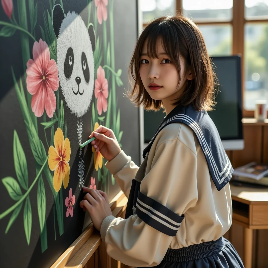 ultra-realistic, photorealistic, dramatic scene, shadow, global-illumination, solo, (perfect anatomy), (1 beautiful teenage Japanese high school student girl), wearing high school sailor uniform, in a classroom, the girl is drawing a cute panda\(dessin style, very realistic cute panda, bamboo, colorful flowers, happy\) on a large blackboard using only chalk, professional lighting, peaceful sunny day, (very large blackboard), (A blockbuster artwork on a huge blackboard), she is holding a chalk and looking at viewers