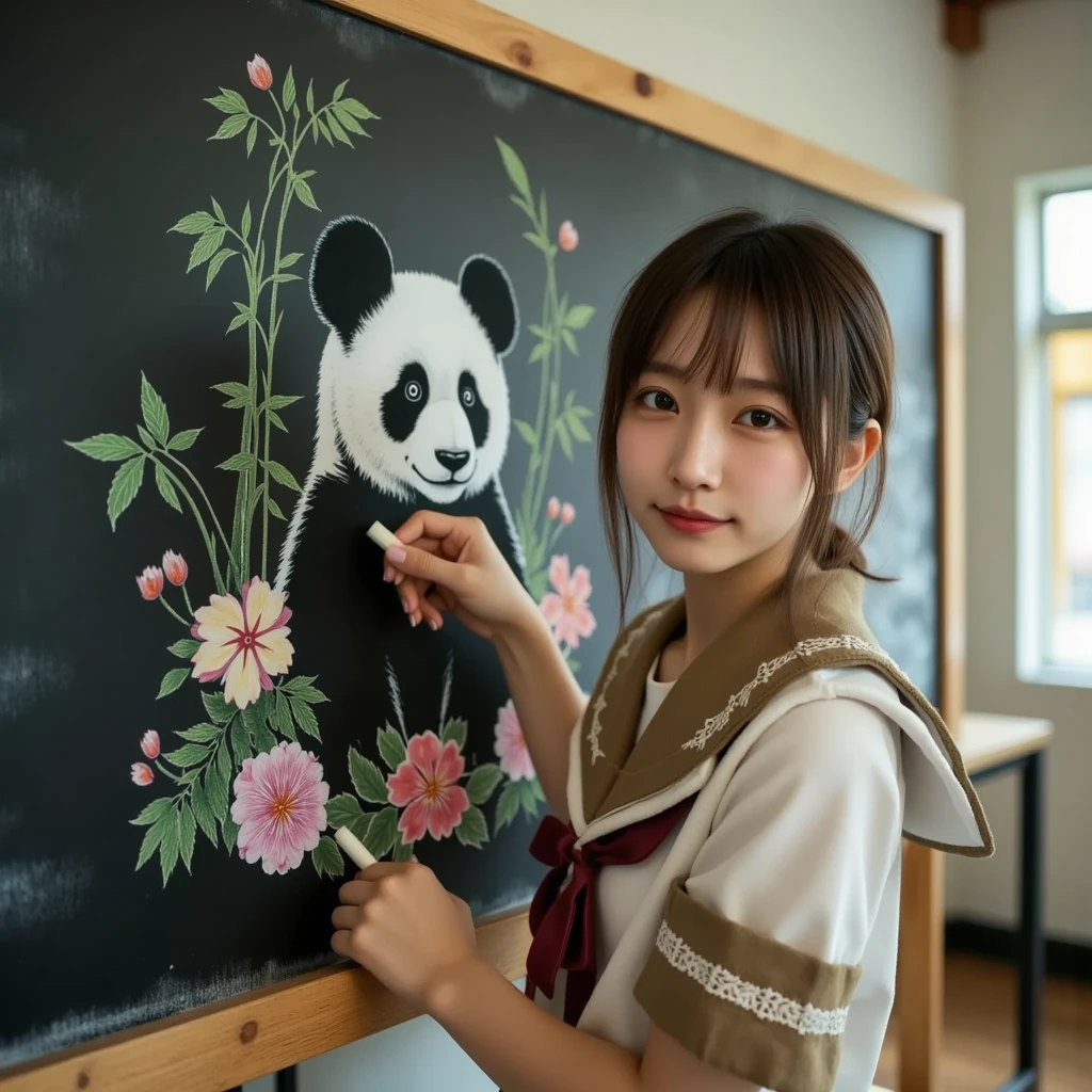 ultra-realistic, photorealistic, dramatic scene, shadow, global-illumination, solo, (perfect anatomy), (1 beautiful teenage Japanese high school student girl), wearing high school sailor uniform, in a classroom, the girl is drawing a cute panda\(dessin style, very realistic cute panda, bamboo, colorful flowers, happy\) on a large blackboard using only chalk, professional lighting, peaceful sunny day, (very large blackboard), (A blockbuster artwork on a huge blackboard), she is holding a chalk and looking at viewers