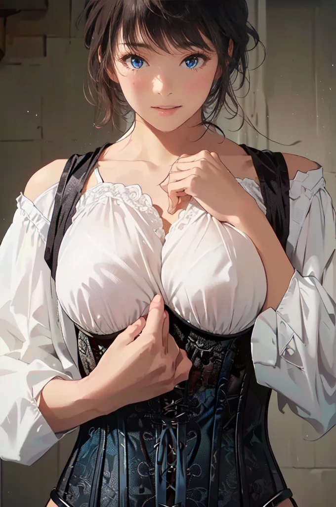 there is a woman in a  corset posing for a picture,  clevis on a stone, wearing  corset,  Big Breasts , very tight  corset,  for ,  plump breasts ,  corset, Cover your chest、SFW, Big Breasts!,  revealing clothes, Big Breasts,  Open V Neck Clothes , sfw huge breasts,  bust up, Touching clothes , Big Breasts!!