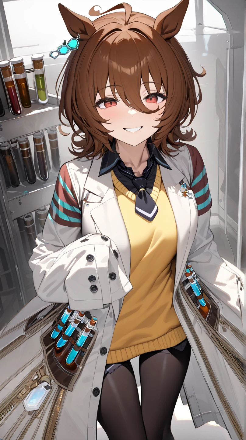  top quality, masterpiece,  high definition ,  Ultra Fine,  high detail, accurate, masterpiece, 
 Agnes Tachyon \(Horse Girl\), 
mad scientist, (Shining Lab:1.2), smile,  single earring,  Long Sleeve ,  sleeves are longer than wrists ,   sleeves are longer than fingers,  colored shirt ,   black shirt ,  yellow sweater ,  sweater vest,  black tuxedo ,  short tie,  open coat, white coat, white, Test tube, bottle, zipper,  Black Pantyhose, 